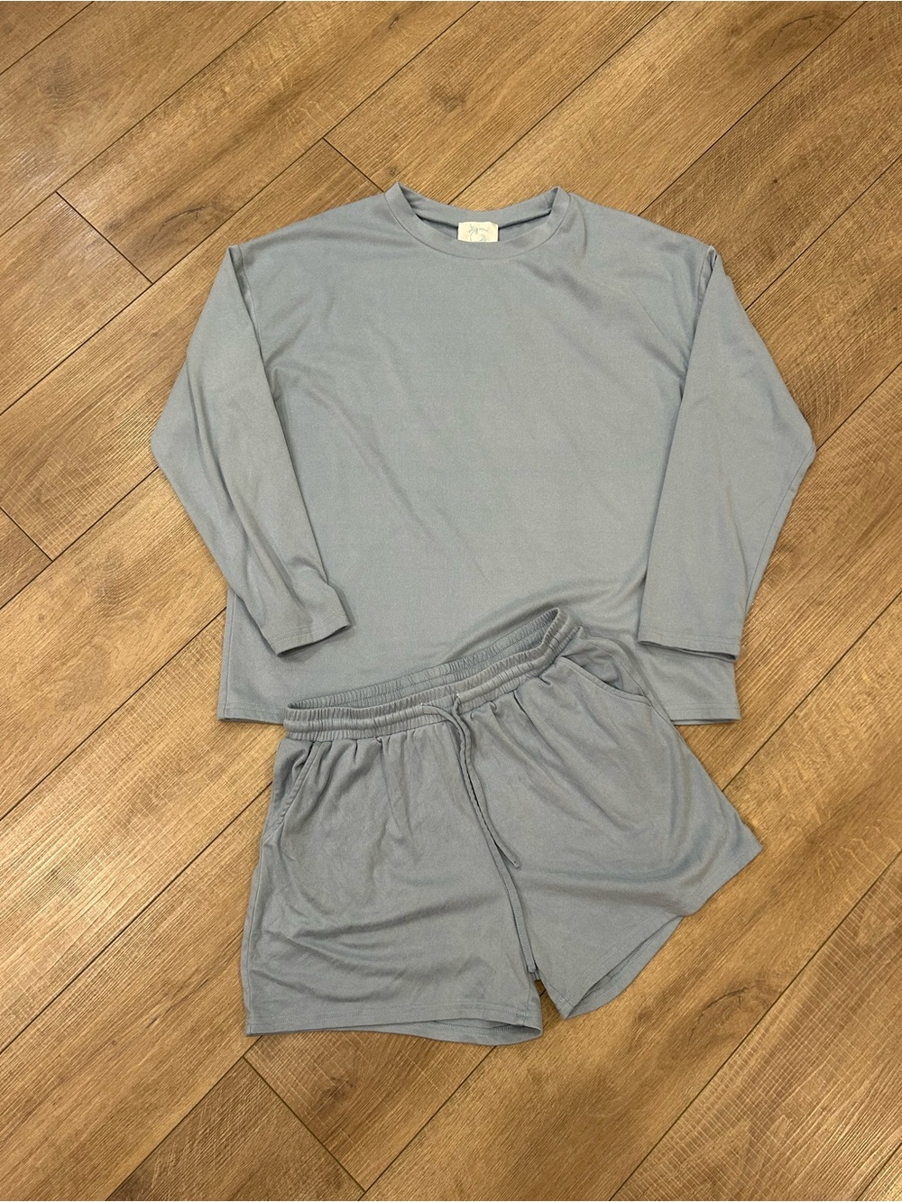 Women's Light Blue Two-Piece Lounge Set — Crewneck Top & Drawstring Shorts